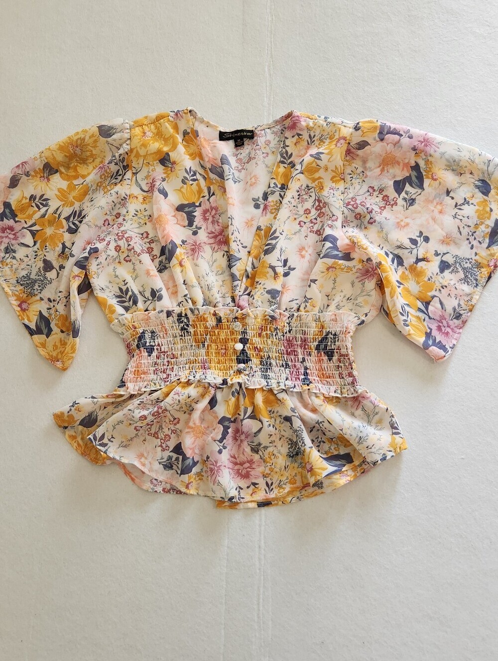 Shinestar Boho Yellow Multi Floral Smocked Waist V-Neck Blouse Juniors Medium
